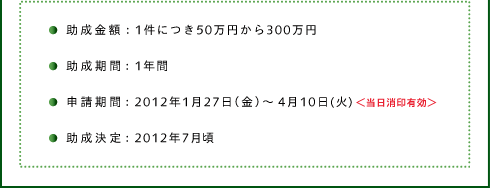 ●助成金額：1件につき50万円から300万円

●助成期間：1年間

●申請期間：2012年1月27日（金）～4月10日(火)＜当日消印有効＞

●助成決定：2012年7月頃