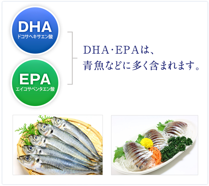 DHA ドコサヘキサエン酸 EPA エイコサペンタエン酸　DHA・EPAは、青魚などに多く含まれます。