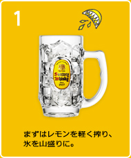 1：まずはレモンを軽く搾り、氷を山盛りに。