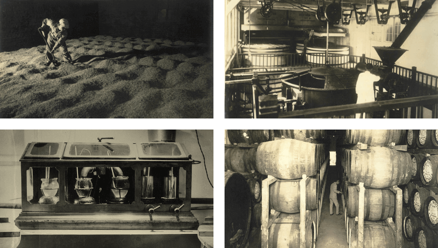 当時の発酵、蒸溜、テイスティング、樽貯蔵の様子の画像