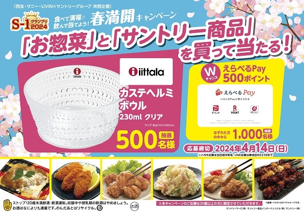 （終了しました）【西友・サニー・LIVIN×サントリー共同企画】S-1グランプリ2024「食べて満福♪飲んで当てよう！春満開キャンペーン」