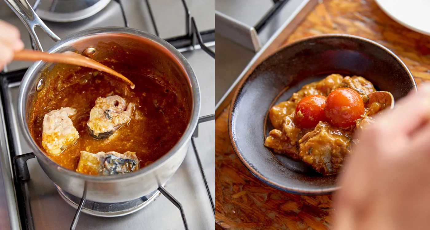 「サバ缶で鍋底のカレーを余さず使い切る」のイメージ