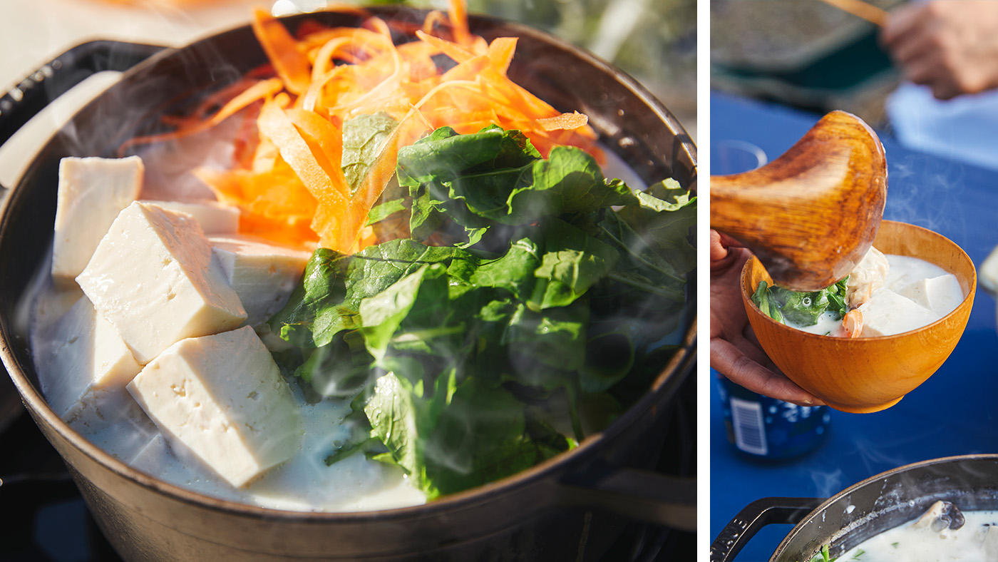 「生野菜をトッピングしながら食べる「豆乳鍋」」のイメージ