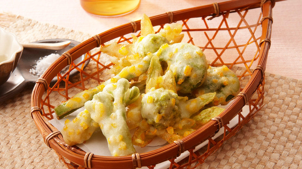 春の山菜と柚子皮のサクサク揚げ