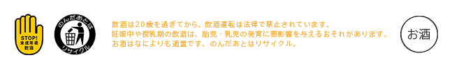 飲酒は20歳を過ぎてから。飲酒運転は法律で禁止されています。妊娠中や授乳期の飲酒は、胎児・乳児の発育に悪影響を与えるおそれがあります。お酒はなによりも適量です。のんだあとはリサイクル。