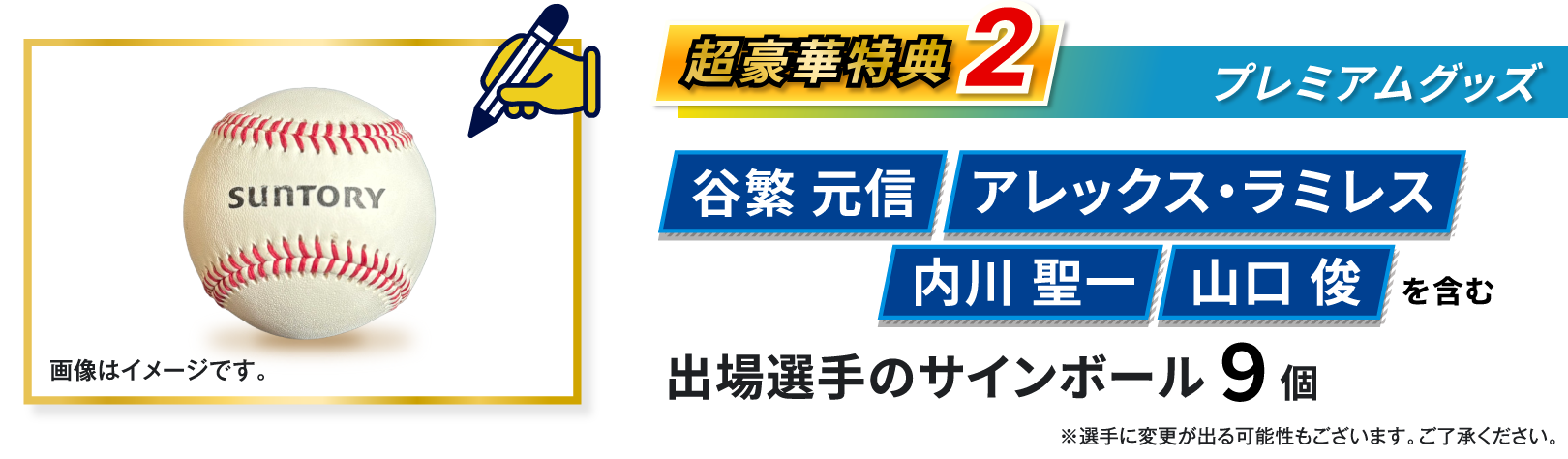 超豪華特典2、プレミアムグッズ、谷繁 元信、アレックス・ラミレス、内川 聖一、山口 俊を含む、出場選手のサインボール9個、※選手に変更が出る可能性もございます、ご了承ください