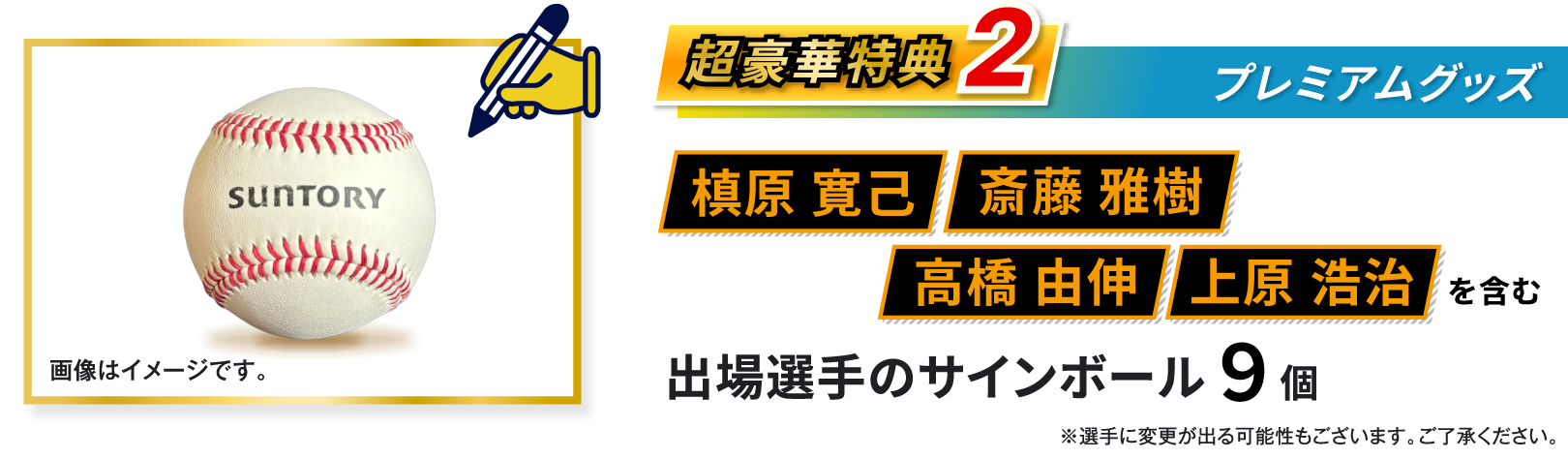 超豪華特典2、プレミアムグッズ、槙原 寛己、斎藤 雅樹、高橋 由伸、上原 浩治を含む、出場選手のサインボール9個、※選手に変更が出る可能性もございます、ご了承ください