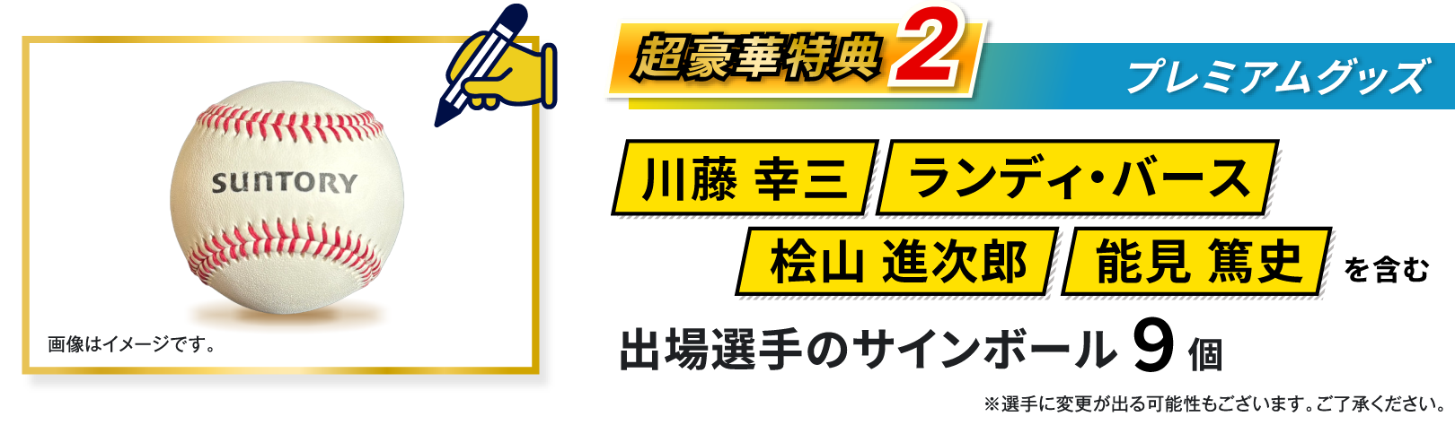 超豪華特典2、プレミアムグッズ、川藤 幸三、ランディ・バース、桧山 進次郎、能見 篤史を含む、出場選手のサインボール9個、※選手に変更が出る可能性もございます、ご了承ください