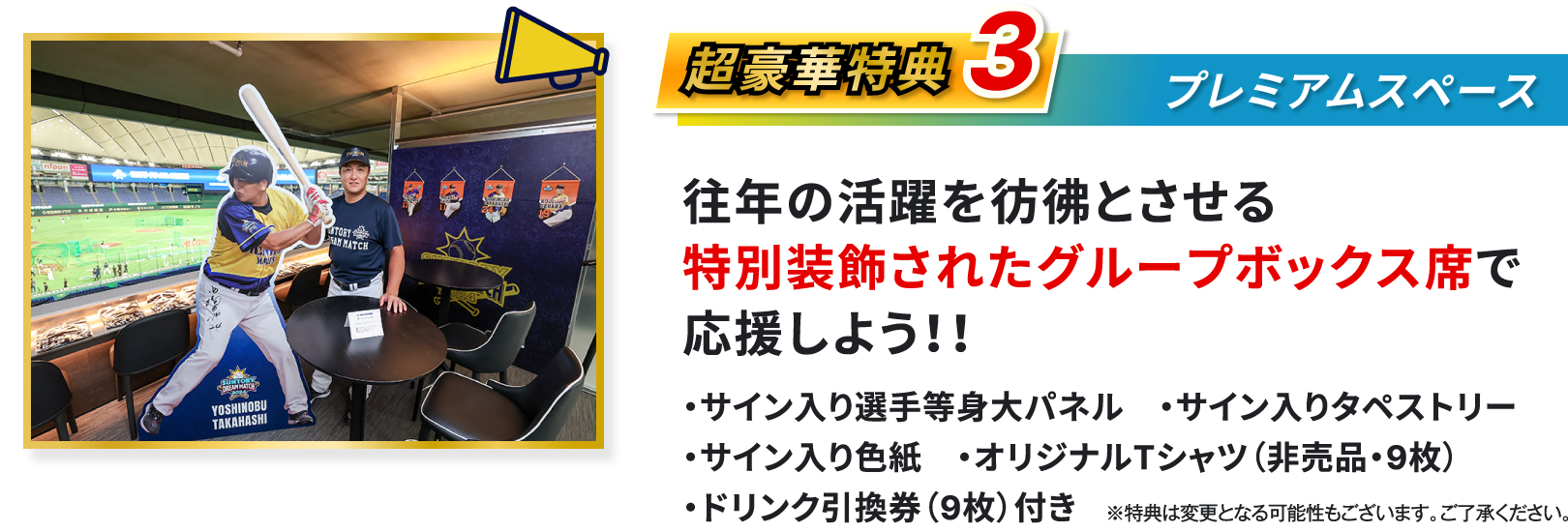 超豪華特典3、プレミアムスペース、往年の活躍を彷彿とさせる特別装飾されたグループボックス席で応援しよう、サイン入り選手等身大パネル、サイン入りタペストリー、サイン入り色紙、オリジナルTシャツ 非売品 9枚、ドリンク引換券 9枚 付き、※特典は変更となる可能性もございます、ご了承ください