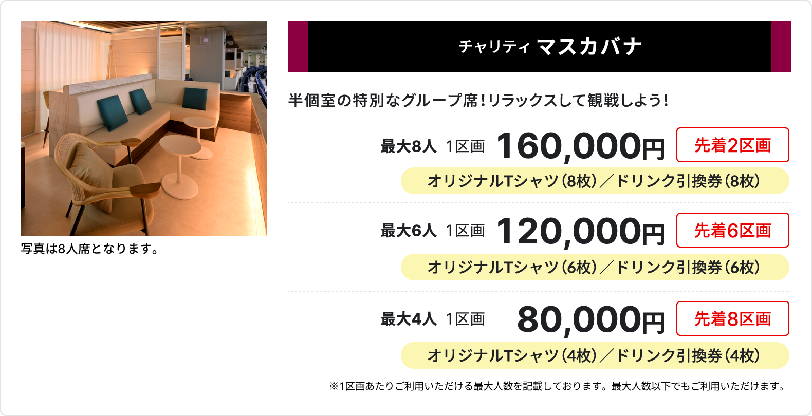 チャリティ マスカバナ、半個室の特別なグループ席、リラックスして観戦しよう、最大8人、1区画160,000円、先着2区画、オリジナルTシャツ8枚、ドリンク引換券8枚、最大6人、1区画120,000円、先着6区画、オリジナルTシャツ6枚、ドリンク引換券6枚、最大4人、1区画80,000円、先着8区画、オリジナルTシャツ4枚、ドリンク引換券4枚、1区画あたりご利用いただける最大人数を記載しております、最大人数以下でもご利用いただけます