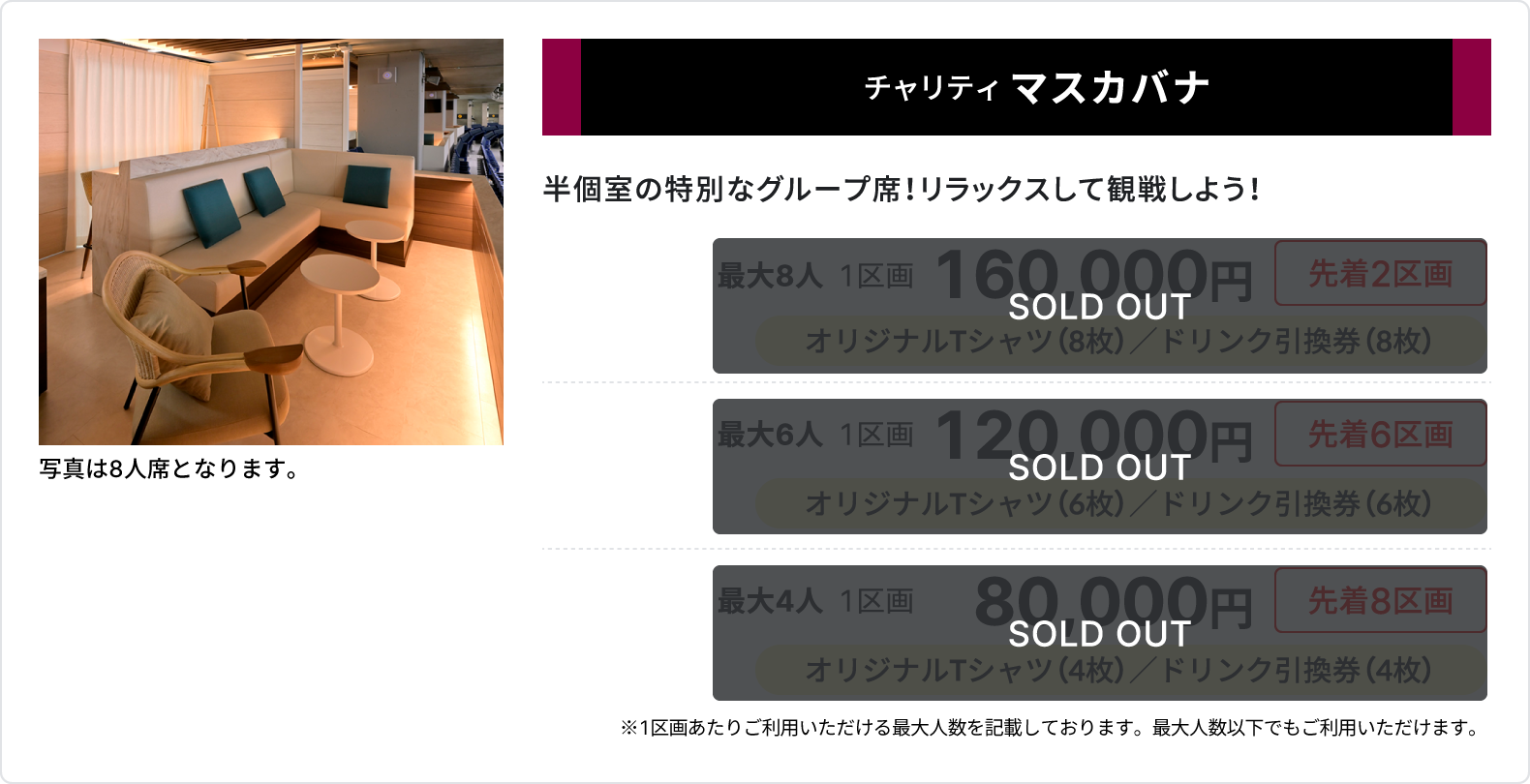 チャリティ マスカバナ、半個室の特別なグループ席、リラックスして観戦しよう、sold out、最大8人、1区画160,000円、先着2区画、オリジナルTシャツ8枚、ドリンク引換券8枚、最大6人、1区画120,000円、先着6区画、オリジナルTシャツ6枚、ドリンク引換券6枚、最大4人、1区画80,000円、先着8区画、オリジナルTシャツ4枚、ドリンク引換券4枚、1区画あたりご利用いただける最大人数を記載しております、最大人数以下でもご利用いただけます