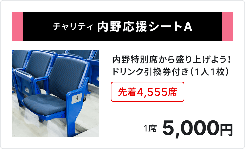 チャリティ 内野応援シートA、内野特別席から盛り上げよう、ドリンク引換券付き1人1枚、先着4,555席、1席5,000円、