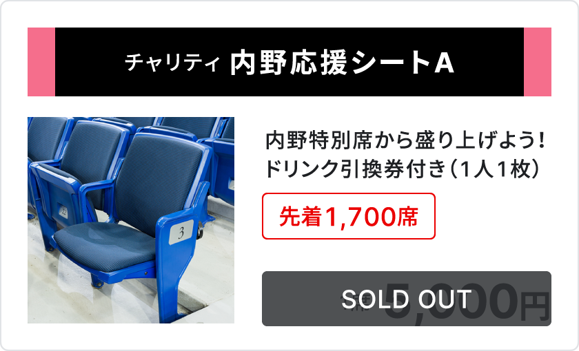 チャリティ 内野応援シートA、内野特別席から盛り上げよう、ドリンク引換券付き1人1枚、先着1,700席、1席5,000円、sold out