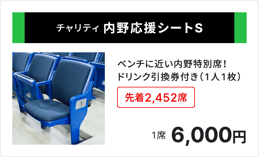 チャリティ 内野応援シートS、ベンチに近い内野特別席、ドリンク引換券付き1人1枚、先着2,452席、1席6,000円、