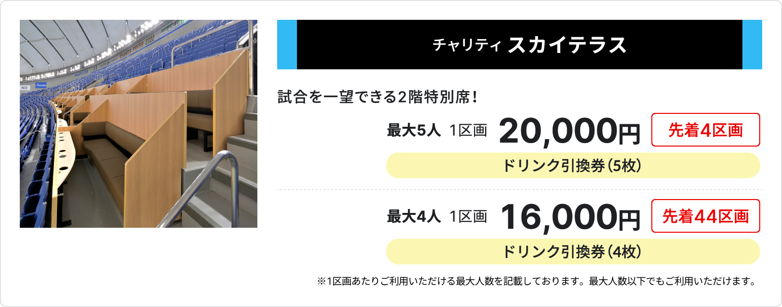 チャリティ スカイテラス、試合を一望できる2階特別席、最大5人、1区画20,000円、先着4区画、ドリンク引換券5枚、最大4人、1区画16,000円、先着44区画、ドリンク引換券4枚、1区画あたりご利用いただける最大人数を記載しております、最大人数以下でもご利用いただけます