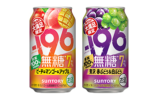 「－196(イチキューロク)無糖〈ピーチ＆マンゴー＆アップル〉」「同〈贅沢赤ぶどう＆白ぶどう〉」