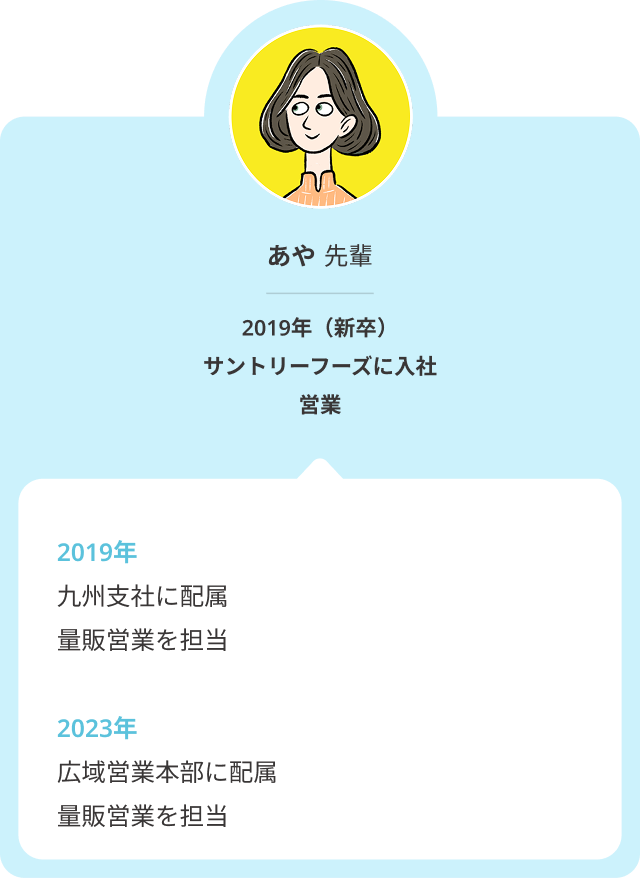 2019年に新卒でサントリーフーズに営業として入社、九州支社で量販営業を担当。2023年に広域営業本部へ配属され、引き続き量販営業を担当しています。