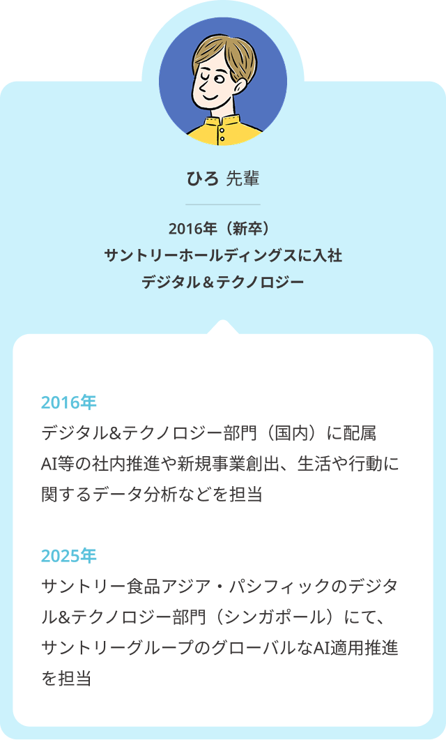 2016年に新卒でサントリーホールディングスのデジタル＆テクノロジー部門に入社。AIなどの社内推進や新規事業創出、生活や行動に関するデータ分析を担当。2025年にシンガポールのサントリー食品アジア・パシフィックに赴任し、社内のグローバルなAI適用推進を担当しています。
