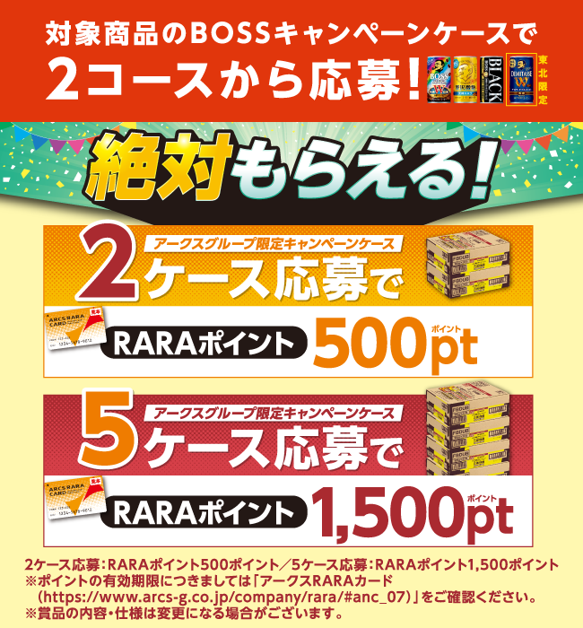 対象商品のボスキャンペーンケースを購入して応募すると、2ケースでRARAポイント500ポイント、5ケースで1,500ポイントが必ずもらえます。