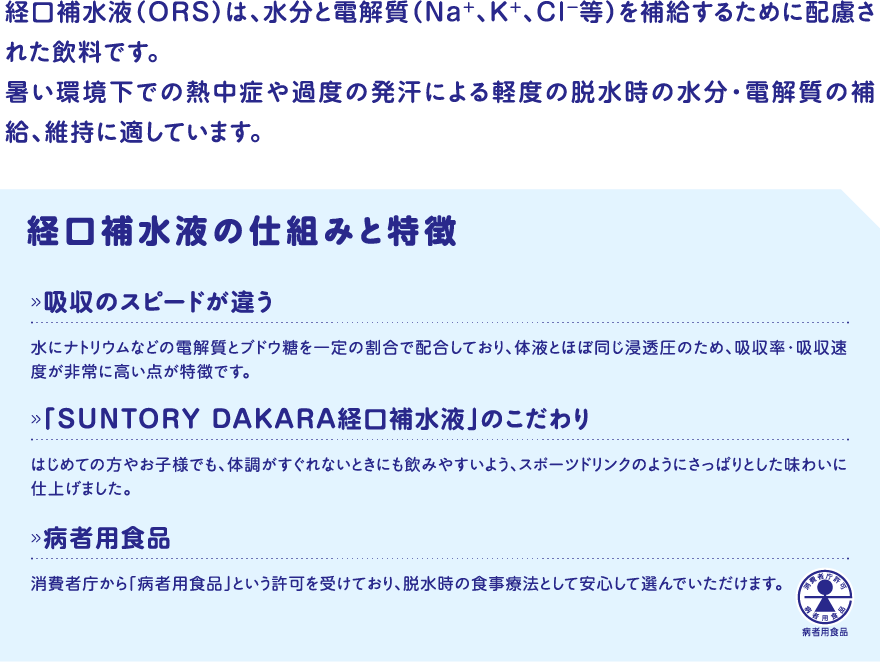 経口補水液（ORS）は、水分と電解質（Na＋、K＋、Cl−等）を補給するために配慮された飲料です。暑い環境下での熱中症や過度の発汗による軽度の脱水時の水分・電解質の補給、維持に適しています。経口補水液の仕組みと特徴 吸収のスピードが違う水にナトリウムなどの電解質とブドウ糖を一定の割合で配合しており、体液とほぼ同じ浸透圧のため、吸収率・吸収速度が非常に高い点が特徴です。 「SUNTORY DAKARA経口補水液」のこだわり はじめての方やお子様でも、体調がすぐれないときにも飲みやすいよう、スポーツドリンクのようにさっぱりとした味わいに仕上げました。 病者用食品 消費者庁から「病者用食品」という許可を受けており、脱水時の食事療法として安心して選んでいただけます。