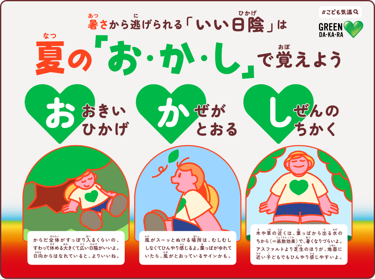 暑さから逃げられる「いい日陰」は夏の「お・か・し」で覚えよう おおきいひかげ・かぜがとおる・しぜんのちかく