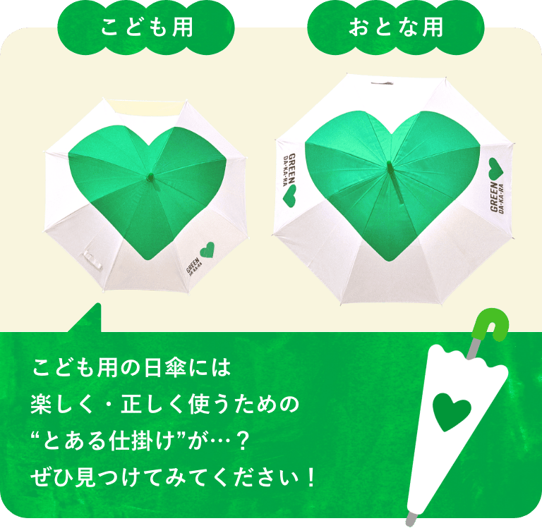 こども用／おとな用 こども用の日傘には楽しく・正しく使うための“とある仕掛け”が…？ぜひ見つけてみてください。