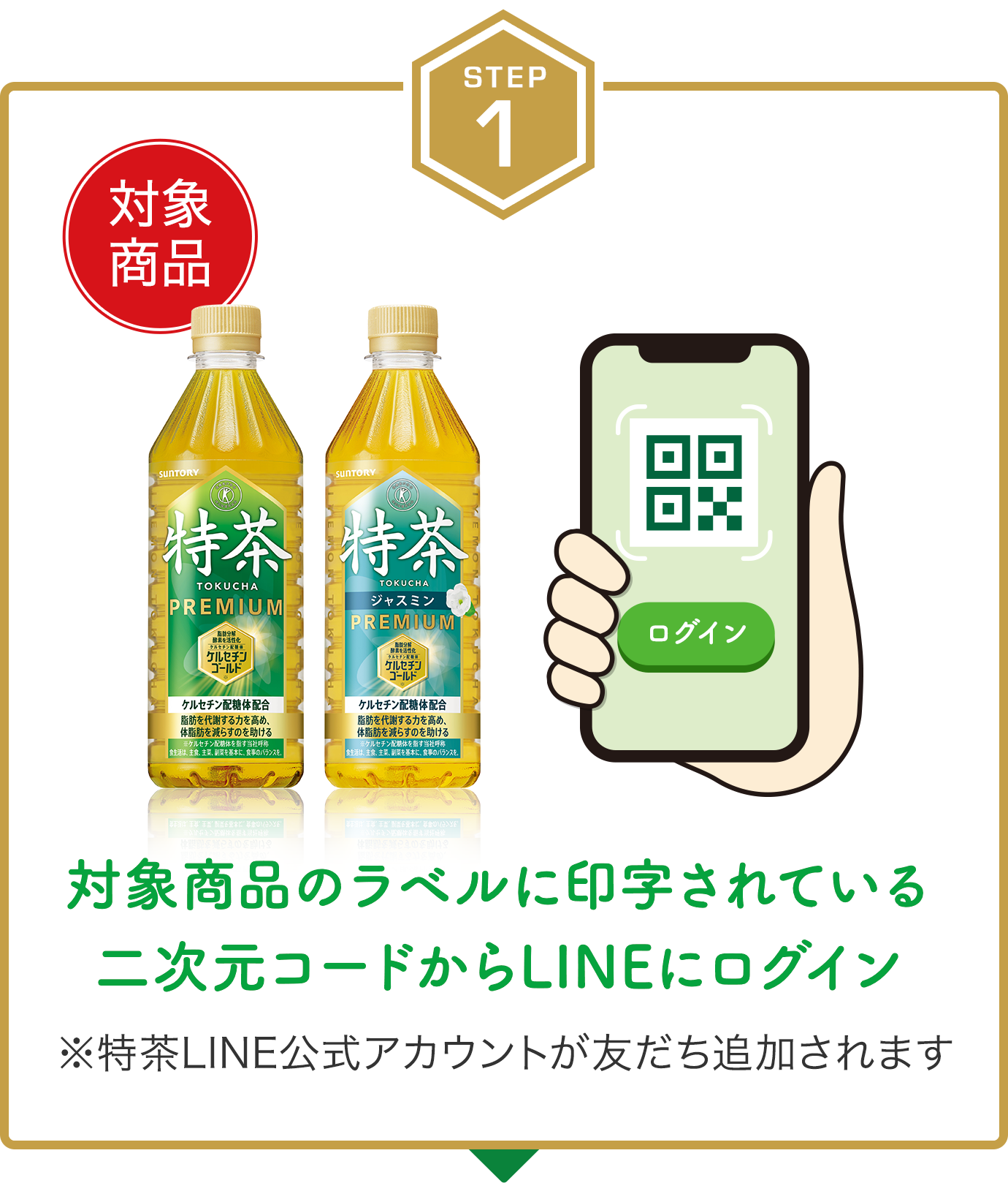 step1　対象商品のラベルに印字されているQRコード®からLINEログイン　※特茶LINE公式アカウントが友だち追加されます