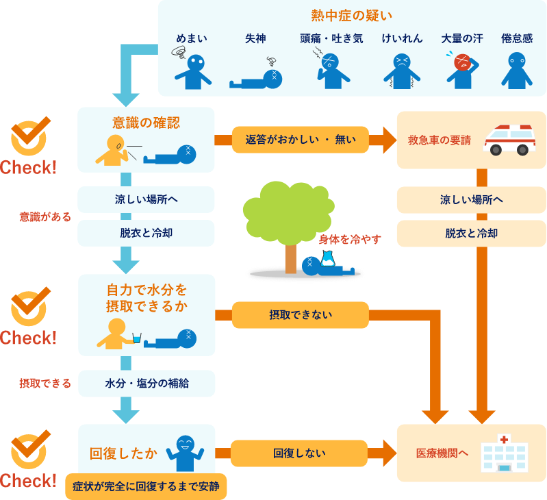 ＜フロー図＞熱中症への対処・判断の流れ（完全に回復するまで、1人きりにしないことが重要です）