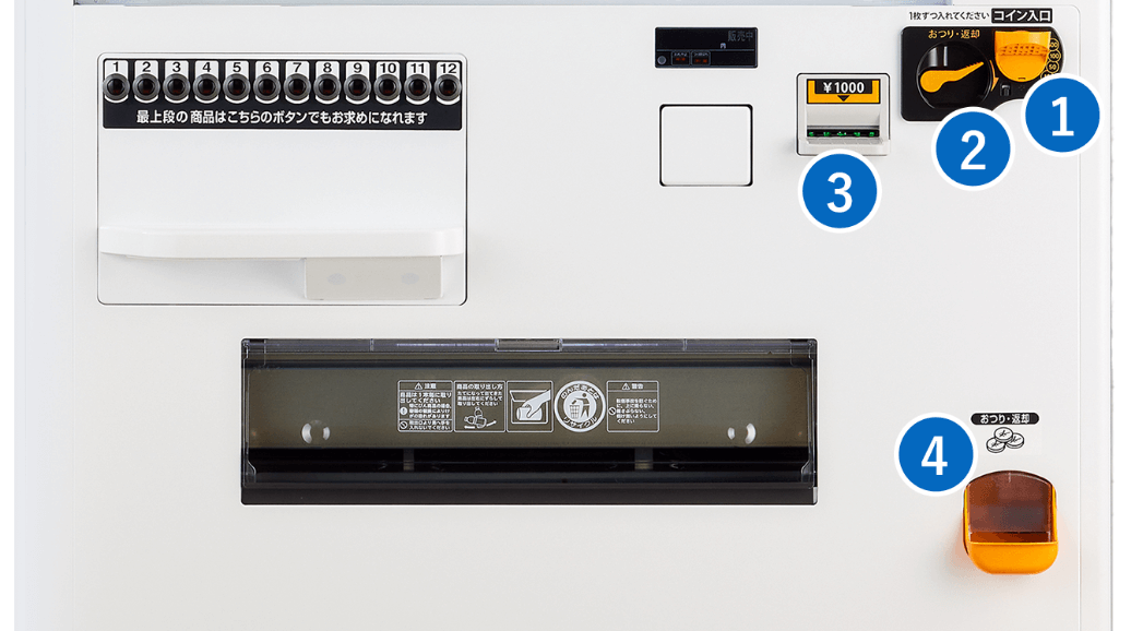ユニバーサル自販機、正面から見て一部が拡大された外観。コイン投入口などの重要な各部に目立つオレンジ色が採用されている