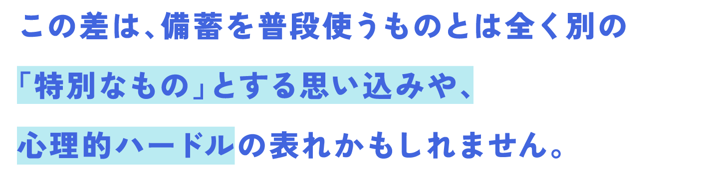 この差は、備蓄を普段使うものとは全く別の「特別なもの」とする思い込みや、心理的ハードルの表れかもしれません。