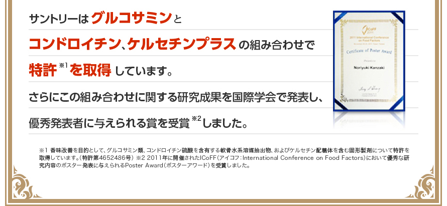 サントリーはグルコサミンとコンドロイチン、ケルセチンプラスの組み合わせで特許※1を取得しています。さらにこの組み合わせに関する研究成果を国際学会で発表し、優秀発表者に与えられる賞を受賞※2しました。　※1 香味改善を目的として、グルコサミン類、コンドロイチン硫酸を含有する軟骨水系溶媒抽出物、およびケルセチン配糖体を含む固形製剤について特許を取得しています。（特許第4652486号）　※2 2011年に開催されたICoFF(アイコフ：International Conference on Food Factors)において優秀な研究内容のポスター発表に与えられるPoster Award(ポスターアワード)を受賞しました。