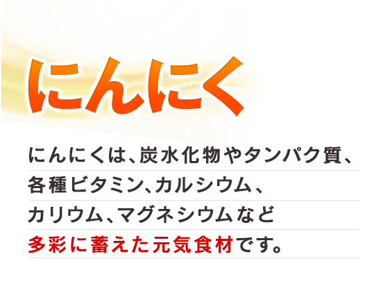にんにく　にんにくは、炭水化物やタンパク質、各種ビタミン、カルシウム、カリウム、マグネシウムなど多彩に蓄えた元気食材です。