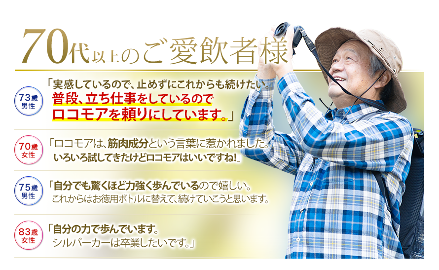 70代以上のご愛飲者様　73歳男性　「実感しているので、止めずにこれからも続けたい。普段、立ち仕事をしているのでロコモアを頼りにしています。」　70歳女性　「ロコモアは、筋肉成分という言葉に惹かれました。いろいろ試してきたけどロコモアはいいですね！」　75歳男性　「自分でも驚くほど力強く歩んでいるので嬉しい。これからはお徳用ボトルに替えて、続けていこうと思います。　83歳女性　「自分の力で歩んでいます。シルバーカーは卒業したいです。」
