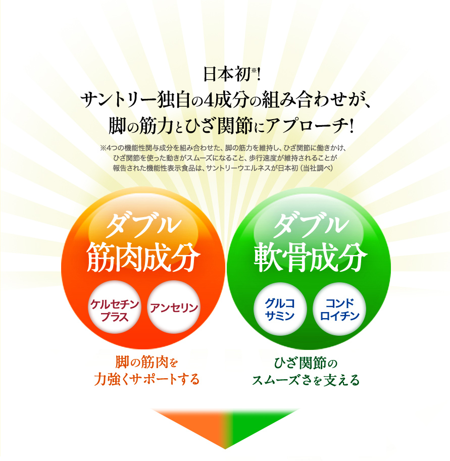 日本初※！サントリー独自の4成分の組み合わせが、脚の筋力とひざ関節にアプローチ！ ※４つの機能性関与成分を組み合わせた、脚の筋力を維持し、ひざ関節に働きかけ、ひざ関節を使った動きがスムーズになること、歩行速度が維持されることが報告された機能性表示食品は、サントリーウエルネスが日本初（当社調べ）ダブル筋肉成分 ケルセチンプラス アンセリン 脚の筋肉を力強くサポートする ダブル軟骨成分 グルコサミン コンドロイチン ひざ関節のスムーズさを支える