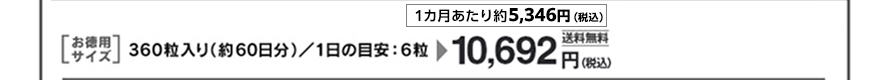 お徳用サイズ　360粒入り（約60日分）／1日の目安：6粒 1カ月あたり約5,346円（税込） 10,692円（税込）　送料無料