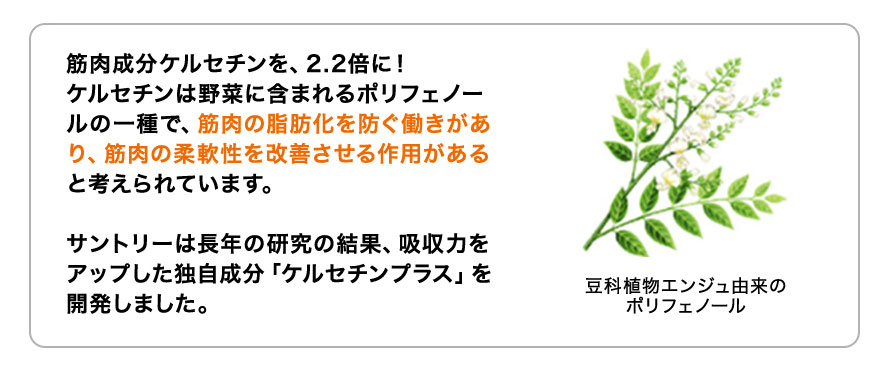 筋肉成分ケルセチンを、2.2倍に！ケルセチンは野菜に含まれるポリフェノールの一種で、筋肉の脂肪化を防ぐ働きがあり、筋肉の柔軟性を改善させる作用があると考えられています。サントリーは長年の研究の結果、吸収力をアップした独自成分「ケルセチンプラス」を開発しました。