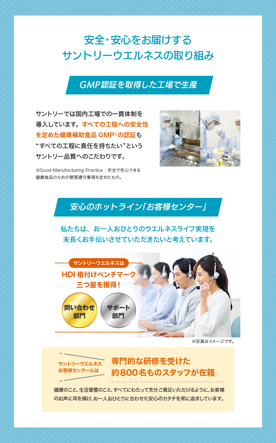 安全・安心をお届けするサントリーウエルネスの取り組み「GMP認証を取得した工場で生産」サントリーでは国内工場での一貫体制を導入しています。すべての工程への安全性を定めた健康補助食品GMP※の認証も“すべての工程に責任を持ちたい”というサントリー品質へのこだわりです。※Good Manufacturing Practice：安全で安心できる健康食品のための管理遵守事項を定めたもの。「安心のホットライン「お客様センター」」私たちは、お一人おひとりのウエルネスライフ実現を末長くお手伝いさせていただきたいと考えています。「サントリーウエルネスは」HDI格付けベンチマーク三つ星を獲得！「問い合わせ部門」「サポート部門」サントリーウエルネスお客様センターには専門的な研修を受けた約800名ものスタッフが在籍 健康のこと、生活習慣のこと、すべてにわたって充分ご満足いただけるように、お客様のお声に耳を傾け、お一人おひとりに合わせた安心のカタチを常に追求しています。