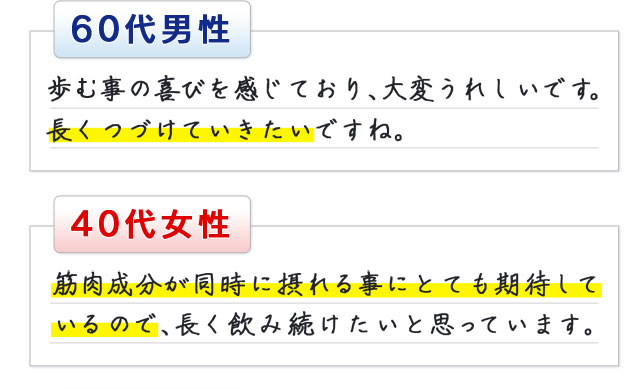 60代男性 歩む事の喜びを感じており、大変うれしいです。長くつづけていきたいですね。40代女性 筋肉成分が同時に摂れる事にとても期待しているので、長く飲み続けたいと思っています。
