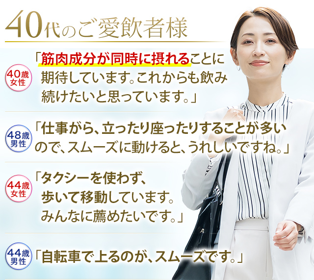 40代のご愛飲者様 40歳女性 「筋肉成分が同時に摂れることに期待しています。これからも飲み続けたいと思っています。」48歳男性 「仕事がら、立ったり座ったりすることが多いので、スムーズに動けると、うれしいですね。」44歳女性「タクシーを使わず、歩いて移動しています。みんなに薦めたいです。」44歳男性 「自転車で上るのが、スムーズです。」