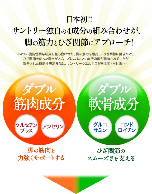 日本初※！　サントリー独自の4成分の組み合わせが、脚の筋力とひざ関節にアプローチ！ ※4つの機能性関与成分を組み合わせた、脚の筋力を維持し、ひざ関節に働きかけ、ひざ関節を使った動きがスムーズになること、歩行速度が維持されることが報告された機能性表示食品は、サントリーウエルネスが日本初（当社調べ）ダブル筋肉成分 ケルセチンプラス アンセリン 脚の筋肉を力強くサポートする ダブル軟骨成分 グルコサミン コンドロイチン ひざ関節のスムーズさを支える