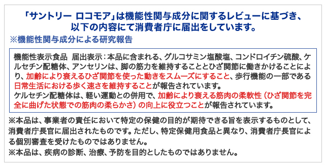 「サントリー ロコモア」は機能性関与成分に関するレビューに基づき、以下の内容にて消費者庁に届出をしています。※機能性関与成分による研究報告 機能性表示食品 届出表示：本品に含まれる、グルコサミン塩酸塩、コンドロイチン硫酸、ケルセチン配糖体、アンセリンは、脚の筋力を維持することとひざ関節に働きかけることにより、加齢により衰えるひざ関節を使った動きをスムーズにすること、歩行機能の一部である日常生活における歩く速さを維持することが報告されています。 ケルセチン配糖体は、軽い運動との併用で、加齢により衰える筋肉の柔軟性（ひざ関節を完全に曲げた状態での筋肉の柔らかさ）の向上に役立つことが報告されています。 ※本品は、事業者の責任において特定の保健の目的が期待できる旨を表示するものとして、消費者庁長官に届出されたものです。ただし、特定保健用食品と異なり、消費者庁長官による個別審査を受けたものではありません。　※本品は、疾病の診断、治療、予防を目的としたものではありません。