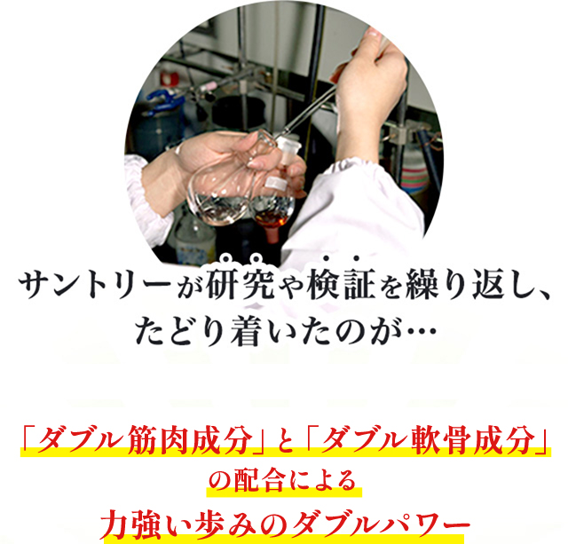 サントリーが研究や検証を繰り返し、たどり着いたのが・・・「ダブル筋肉成分」と「ダブル軟骨成分」の配合による力強い歩みのダブルパワー