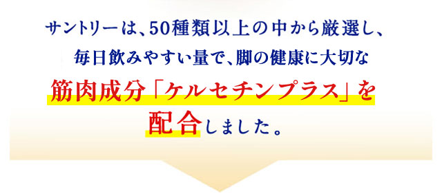 サントリーは、50種類以上の中から厳選し、毎日飲みやすい量で、脚の健康に大切な筋肉成分「ケルセチンプラス」を配合しました。