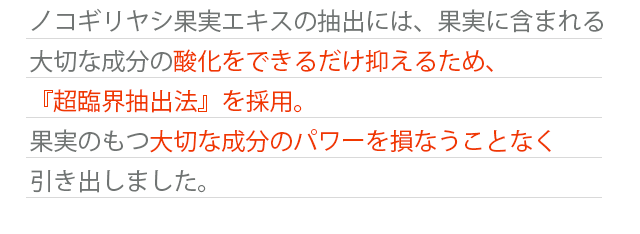 ノコギリヤシ果実エキスの抽出には、果実に含まれる大切な成分の酸化をできるだけ抑えるため、『超臨界抽出法』を採用。果実のもつ大切な成分のパワーを損なうことなく引き出しました。