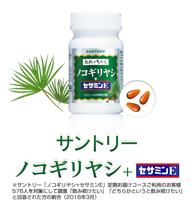 サントリー　ノコギリヤシ+セサミンE　※サントリー「ノコギリヤシ+セサミンE」定期お届けコースご利用のお客様576人を対象にして調査「飲み続けたい」「どちらかというと飲み続けたい」と回答された方の割合（2016年3月）