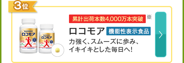 3位　累計出荷本数4,000万本突破※ ロコモア 機能性表示食品 力強く、スムーズに歩み、イキイキとした毎日へ！