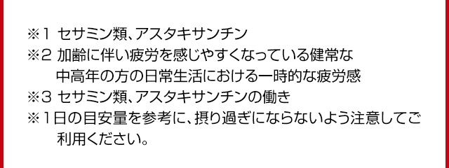 ※1セサミン類、アスタキサンチン※2加齢に伴い疲労を感じやすくなっている健常な中高年の方の日常生活における一時的な疲労感※3セサミン類、アスタキサンチンの働き※1日の目安量を参考に、摂り過ぎにならないよう注意してご利用ください。
