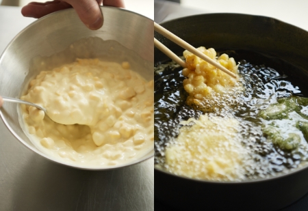 材料は夏野菜の代表格、トウモロコシ。初夏から初秋にかけて旬を迎え、自然の甘さを存分に味わえるのが魅力の食材です。皮をむいて実を包丁でそぎ落したら、衣をまぶしてかき揚げに。約180℃に温めた油で、両面をカリッと揚げるのがポイントです。枝豆や桜エビなどを混ぜ込んで、色鮮やかに仕上げるのもいいですね。