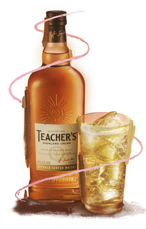 スモーキーな香りの漂うティーチャーズのボトルとハイボールグラス