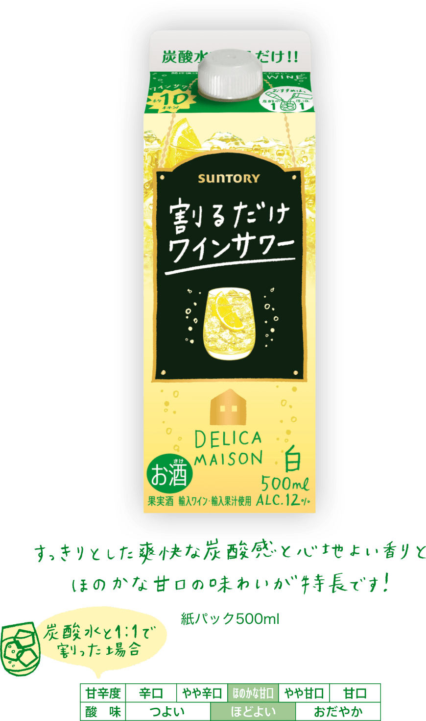割るだけワインサワー白(ALC.12%)すっきりとした爽快な炭酸感と心地よい香りとほのかな甘口の味わいが特長です!紙パック500ml。甘辛度:ほのかな甘口/酸味:ほどよい(炭酸水と1:1で割った場合)